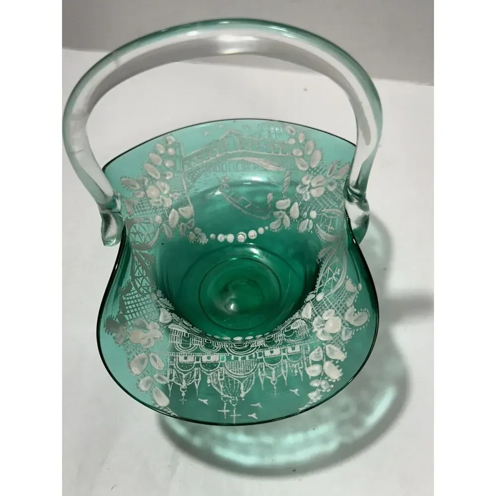 Vintage Murano Moser Etched Scenery Green Blown‎ Art Glass Basket Clear Handle